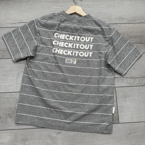 Osamu Goods Striped Cat Graphic Tee Gray White Size S Japanese Streetwear - Picture 2 of 9